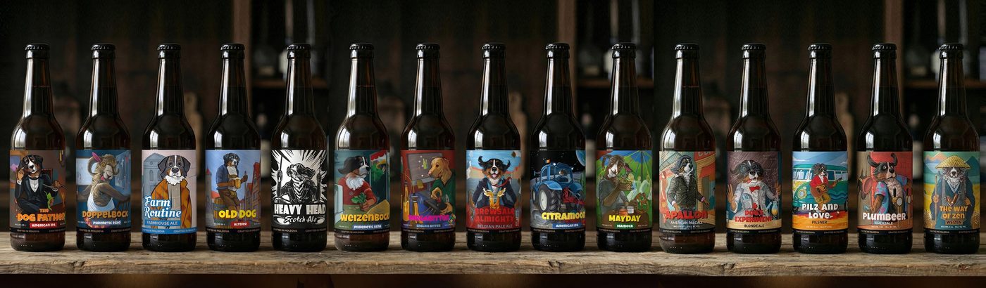 Sixteen craft beer labels for one brewery — the same dog character in every role, across four years of releases