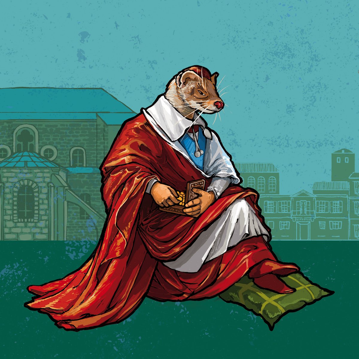The finished Cardinal label illustration for Rhône Brew — the treasurer, the church and the town behind him