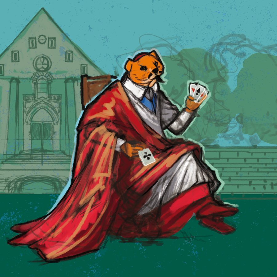First direction for the Cardinal — a stoat in cardinal's robes holding a fan of aces outside a church