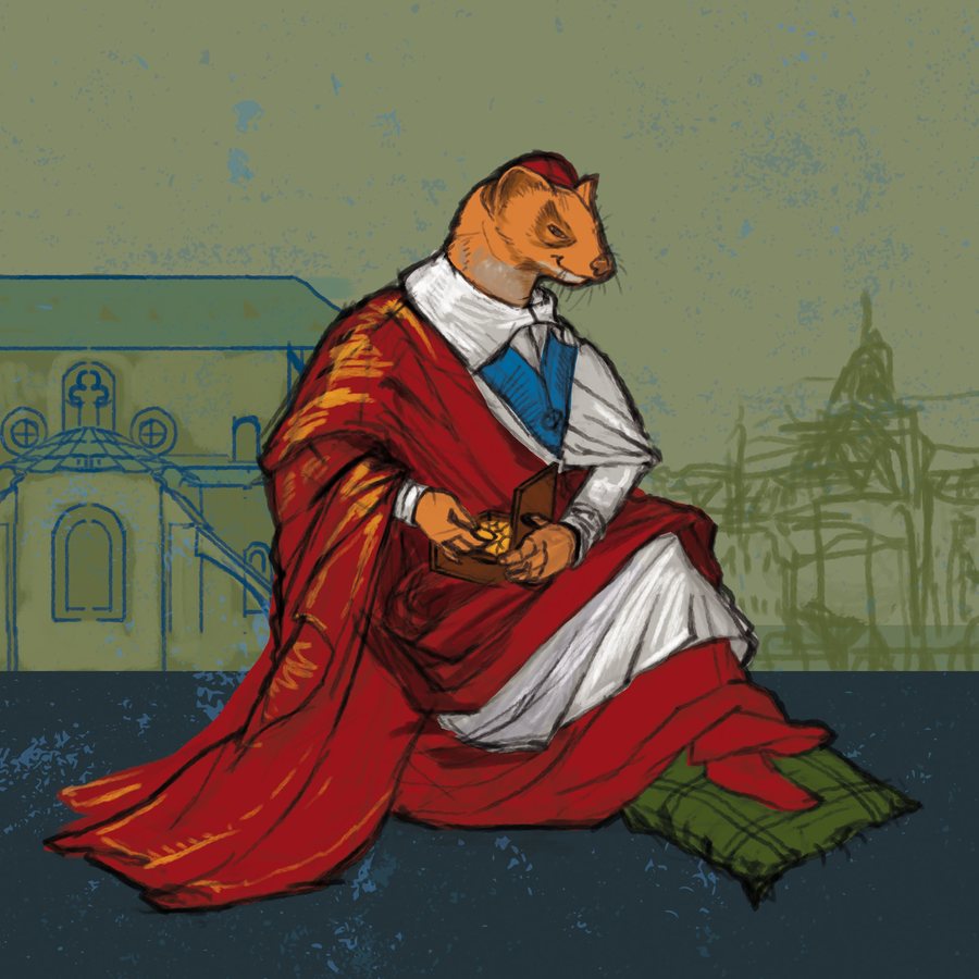 Second direction for the Cardinal — the same stoat counting gold into a wooden casket