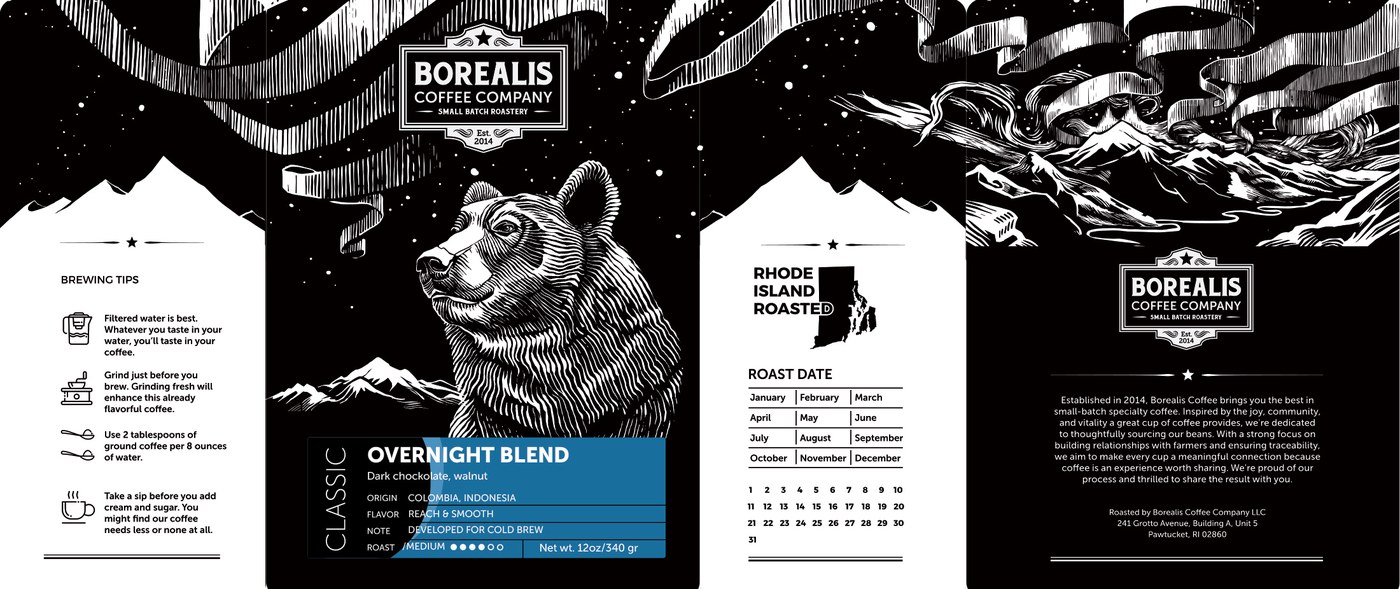 The finished Borealis Overnight Blend wrap — brewing tips, front panel, roast-date calendar, back