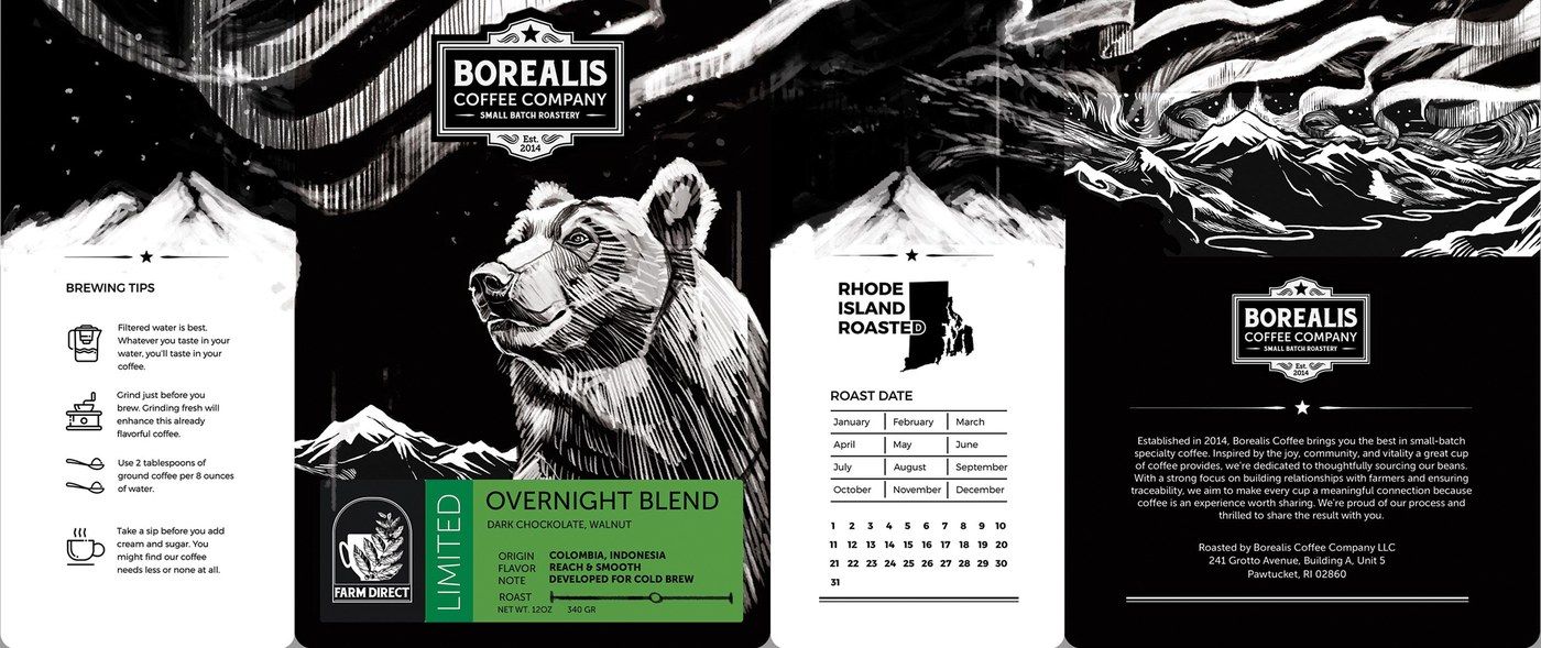 An early layout of the Borealis bag — the bear roughed in, the landscape unresolved