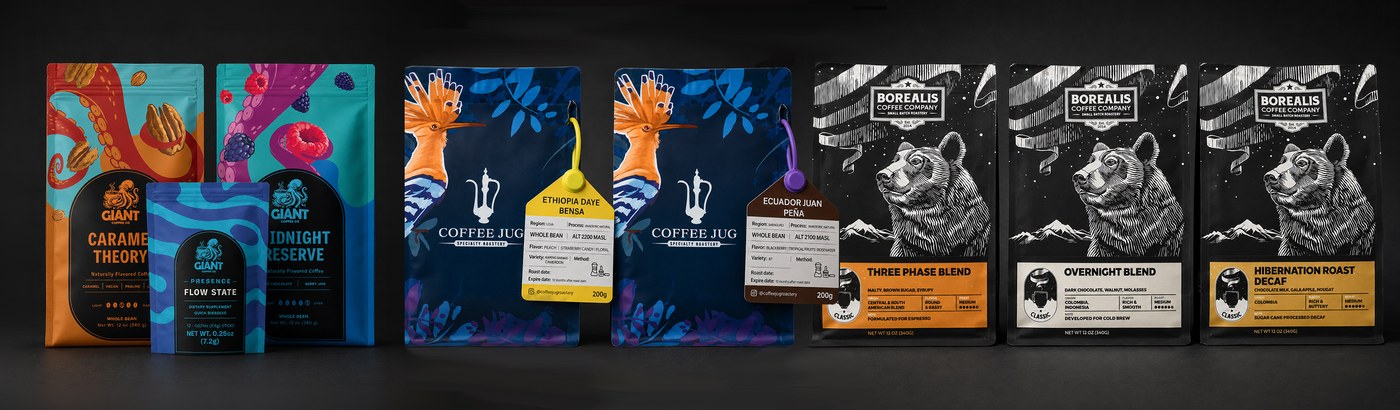 Coffee packaging from three roasteries in a row — GIANT, Coffee Jug and Borealis bags