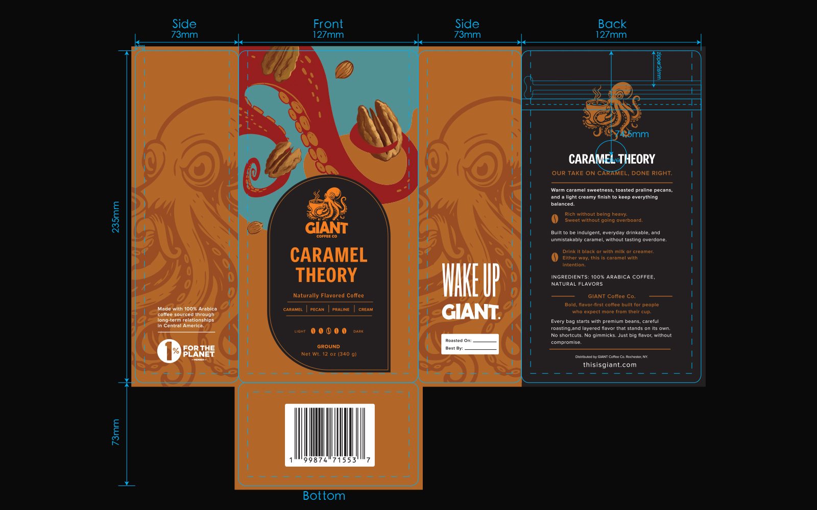Coffee bag artwork laid into the supplied dieline, with panel dimensions and fold lines