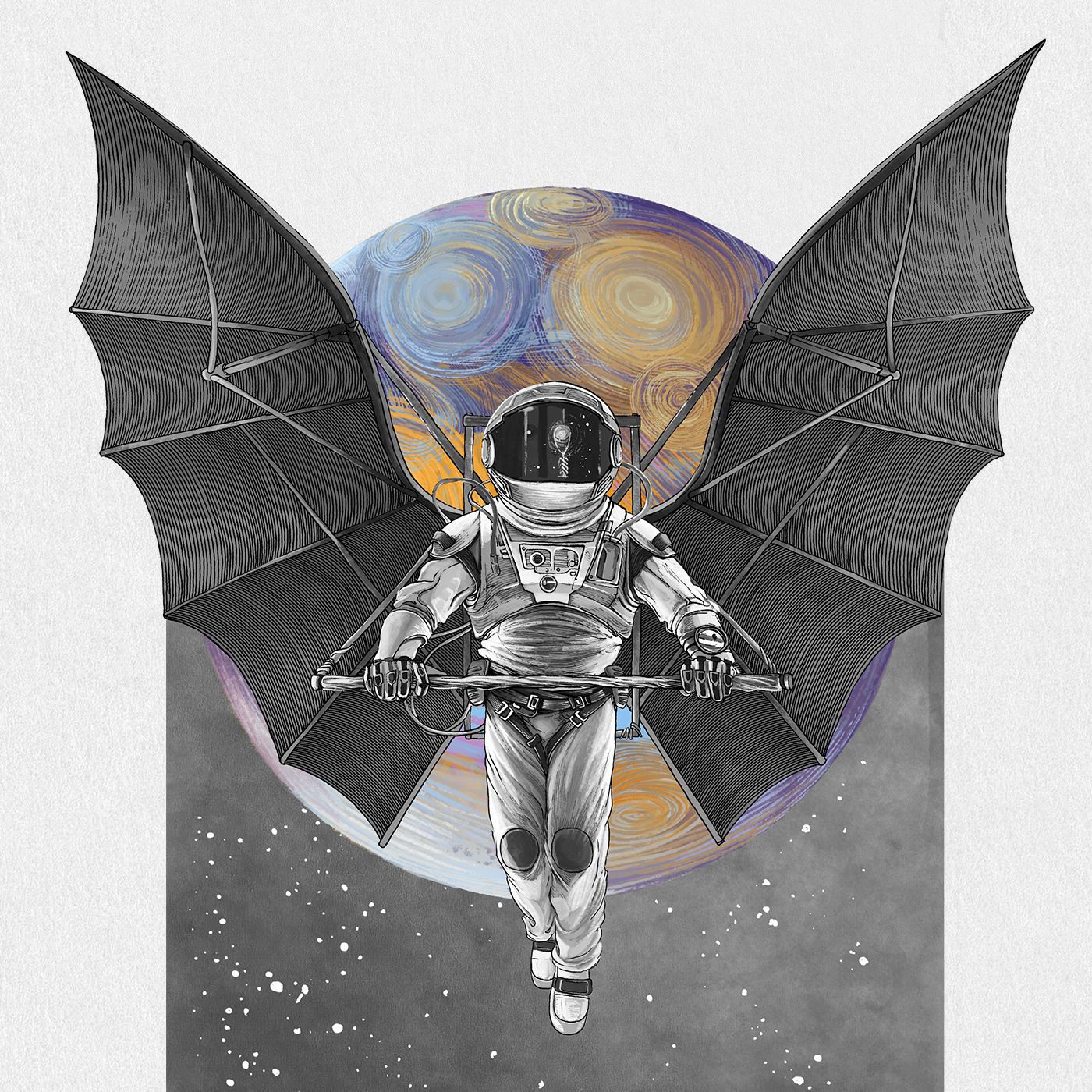 Engraved figure against a painted planet — Kosmos wine label