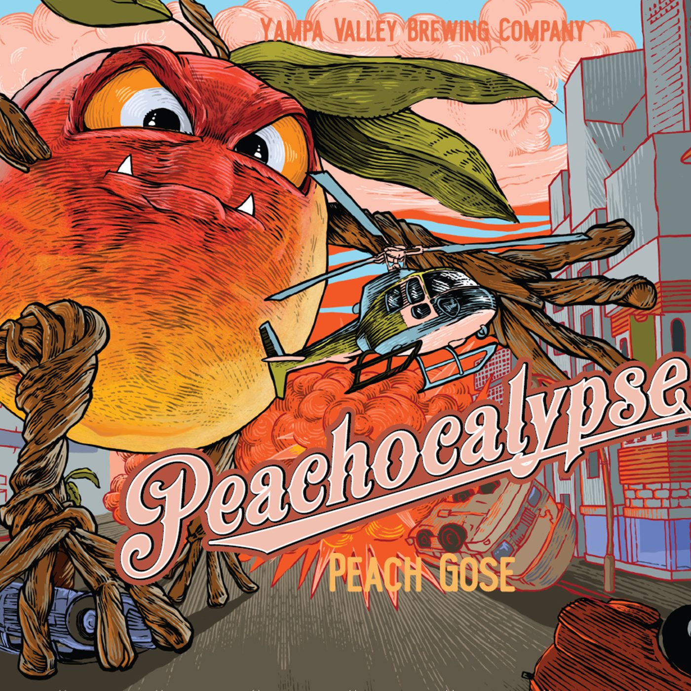 Inked and coloured peach character over a flat city — Peachocalypse label
