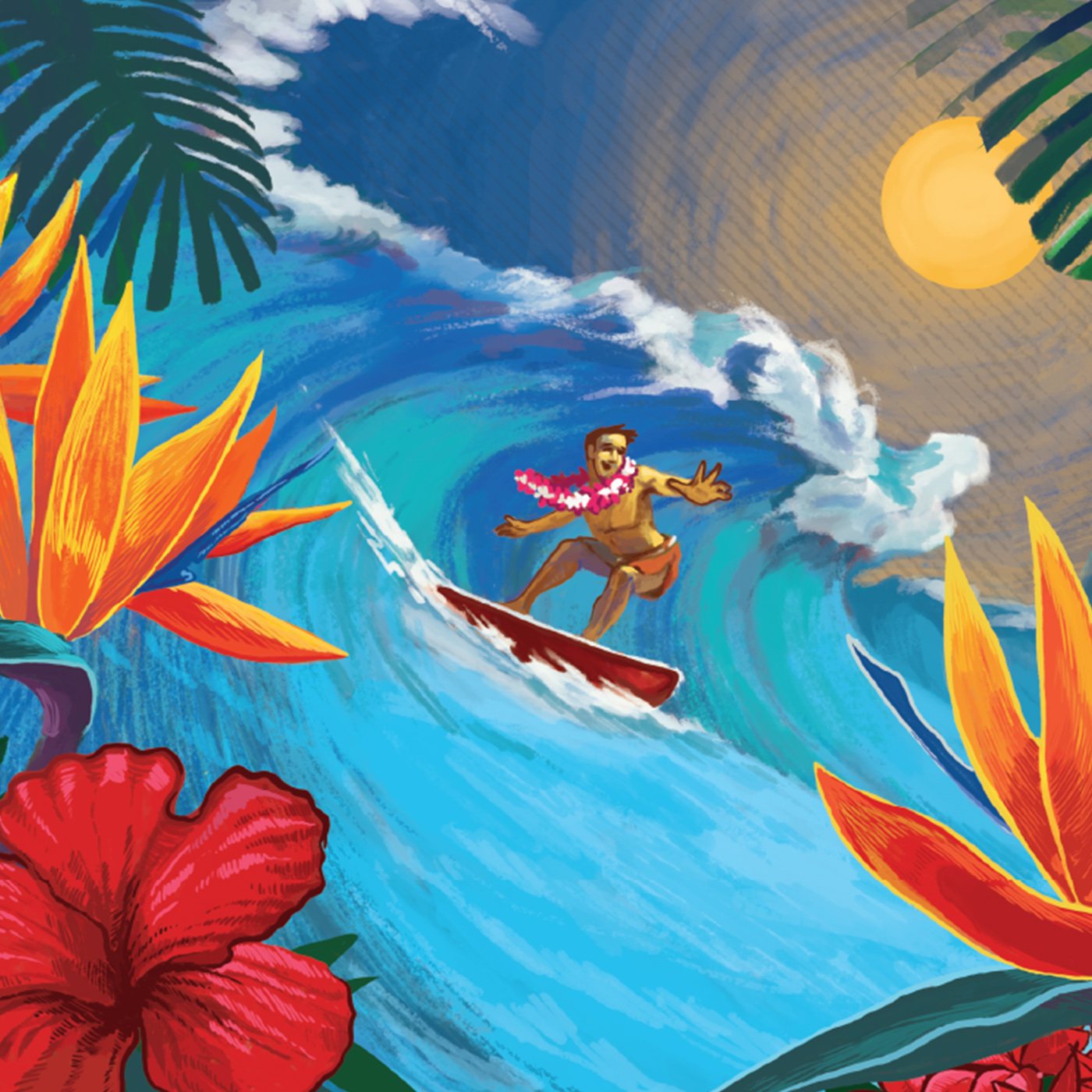 Surfer painted in loose brushwork among tropical flowers — Mahalo Habanero label