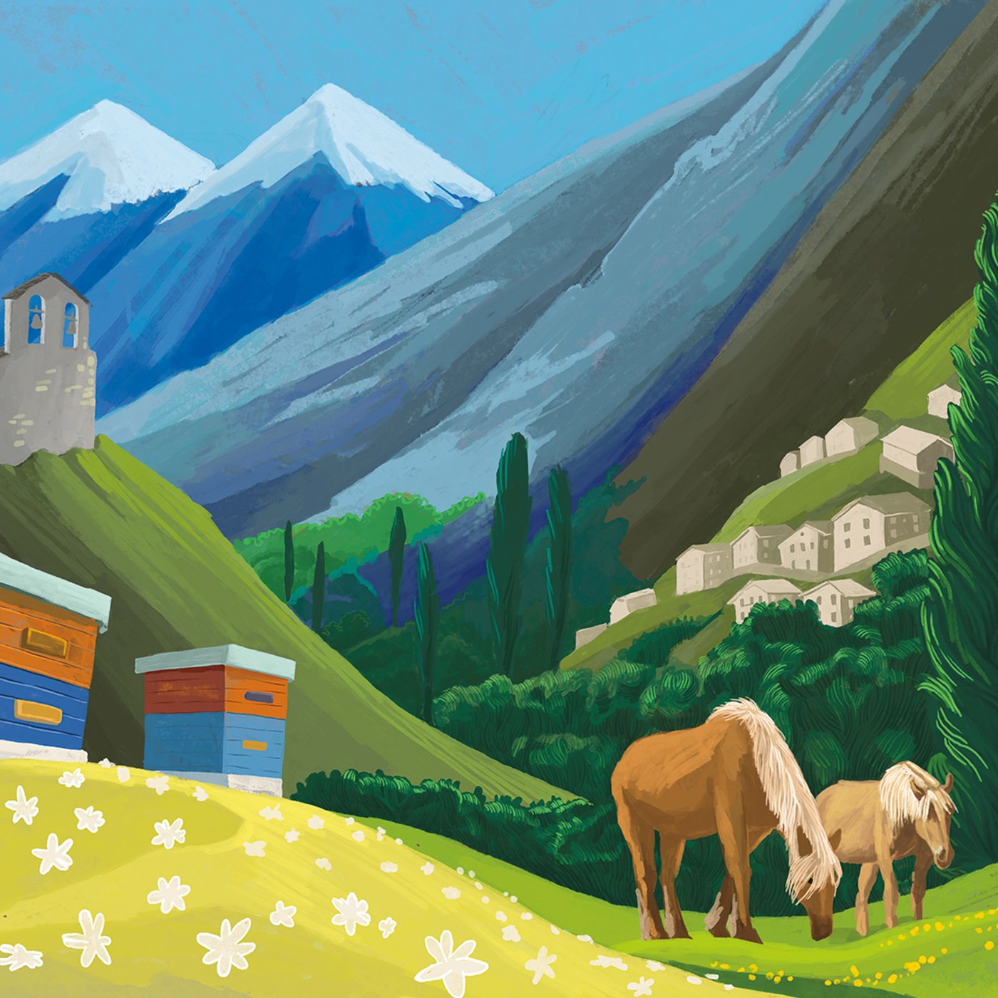 Pyrenean valley with hives and horses, built in tone