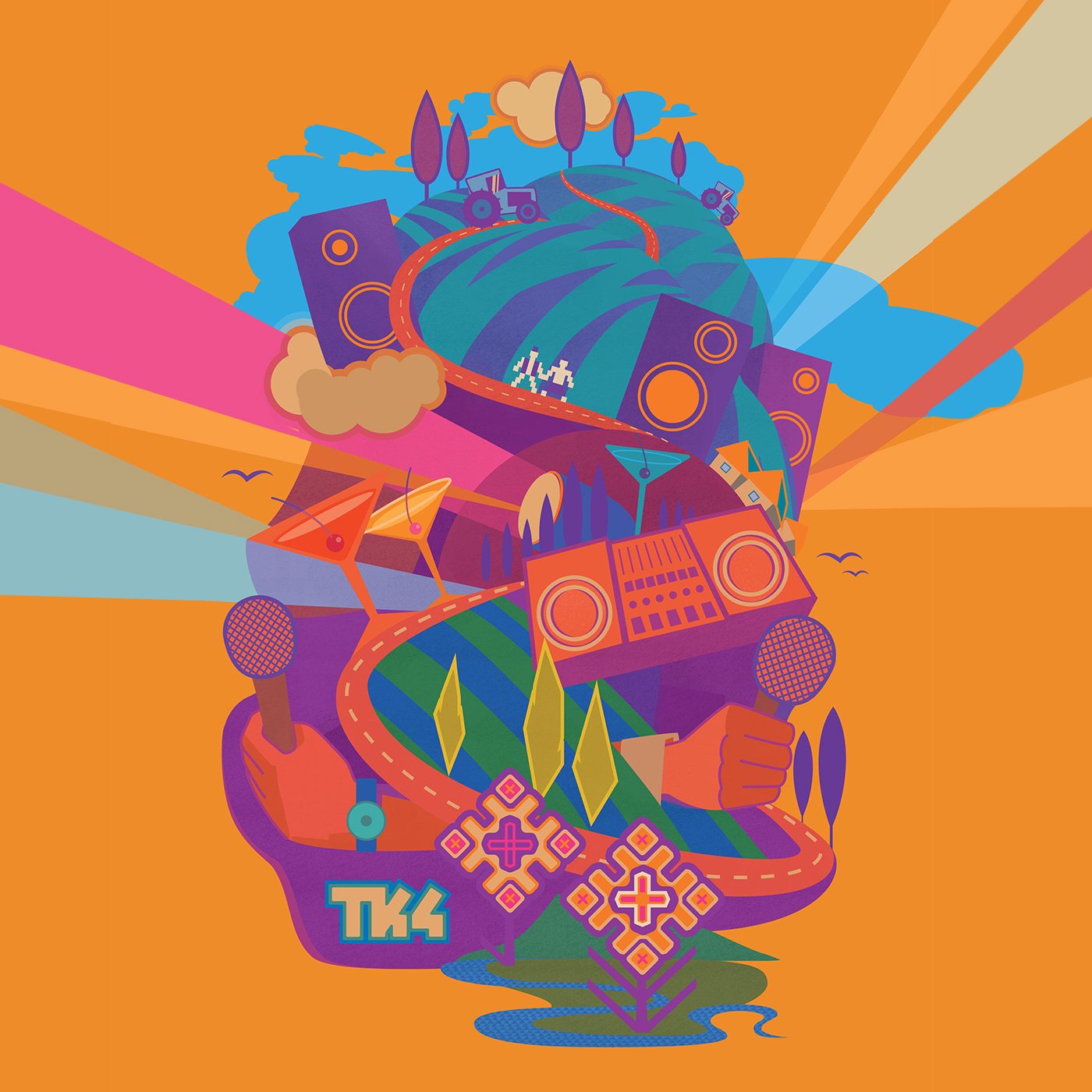 Flat vector collage of a festival — Tractor Camp 4 poster