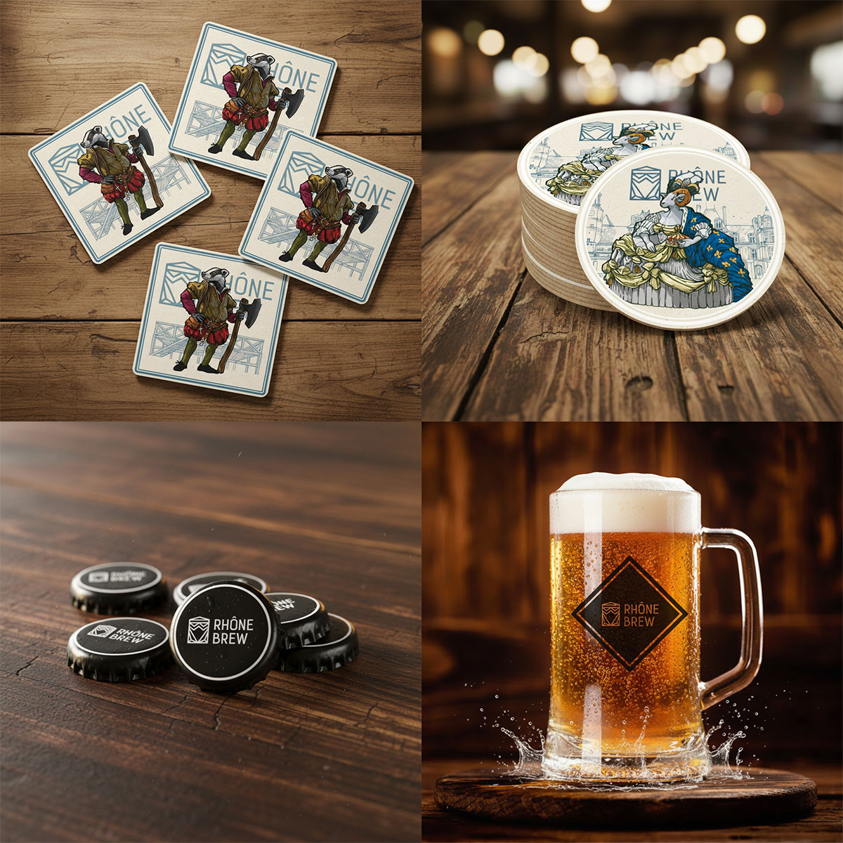 Rhône Brew — the brand world extended into coasters, caps and glassware