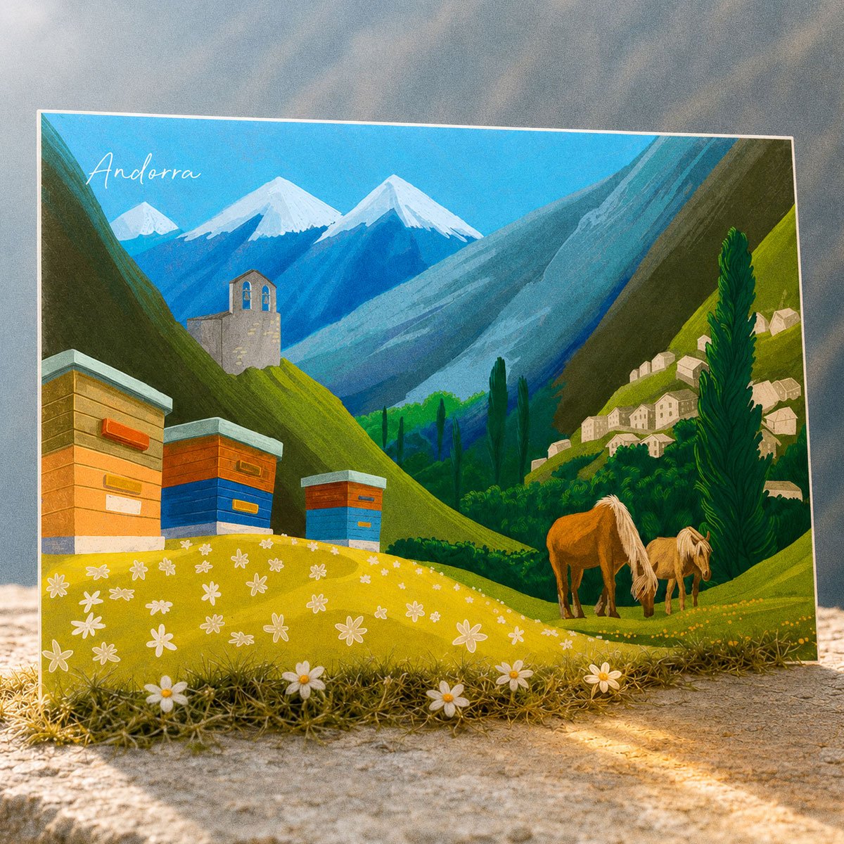 An illustrated Andorra postcard — beehives, a mountain valley and grazing horses