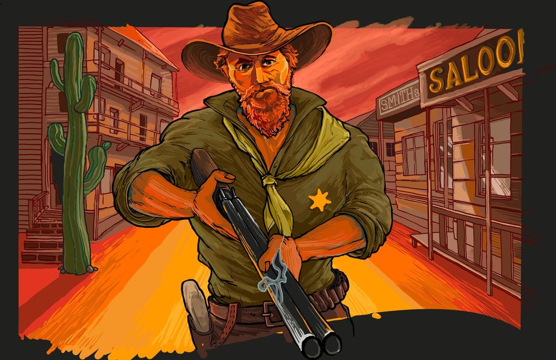 The finished Double Barrel Sheriff illustration — a bearded gunslinger cracking a shotgun in a western street