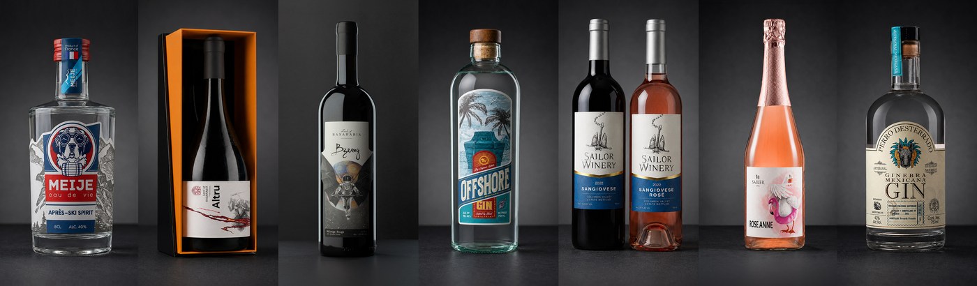 Illustrated wine and spirits labels in a row — Moldova, Austria, Oregon, Mexico and the French Alps