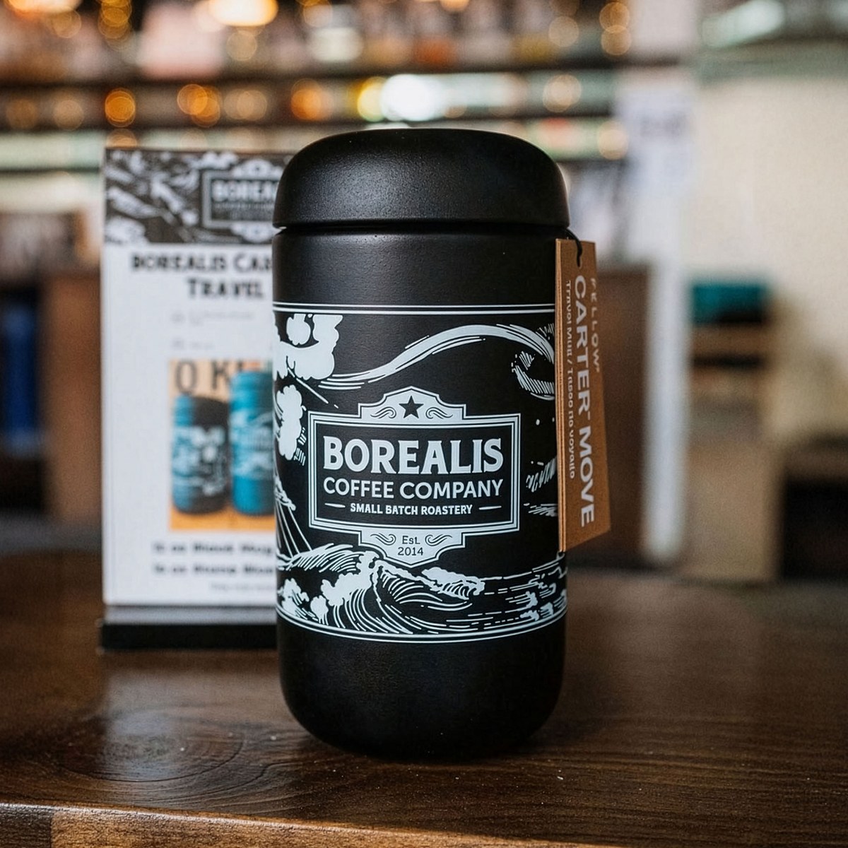 Fellow Carter travel mug at the roastery counter