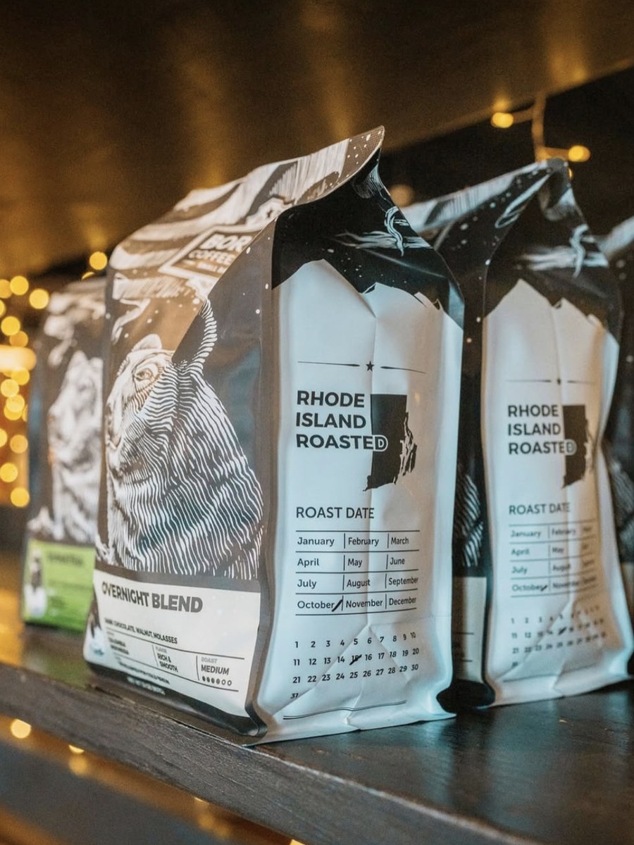 Borealis bags on a shelf, front and side panels of the pack