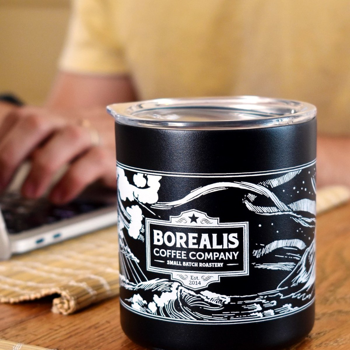 Borealis tumbler on a desk, everyday use