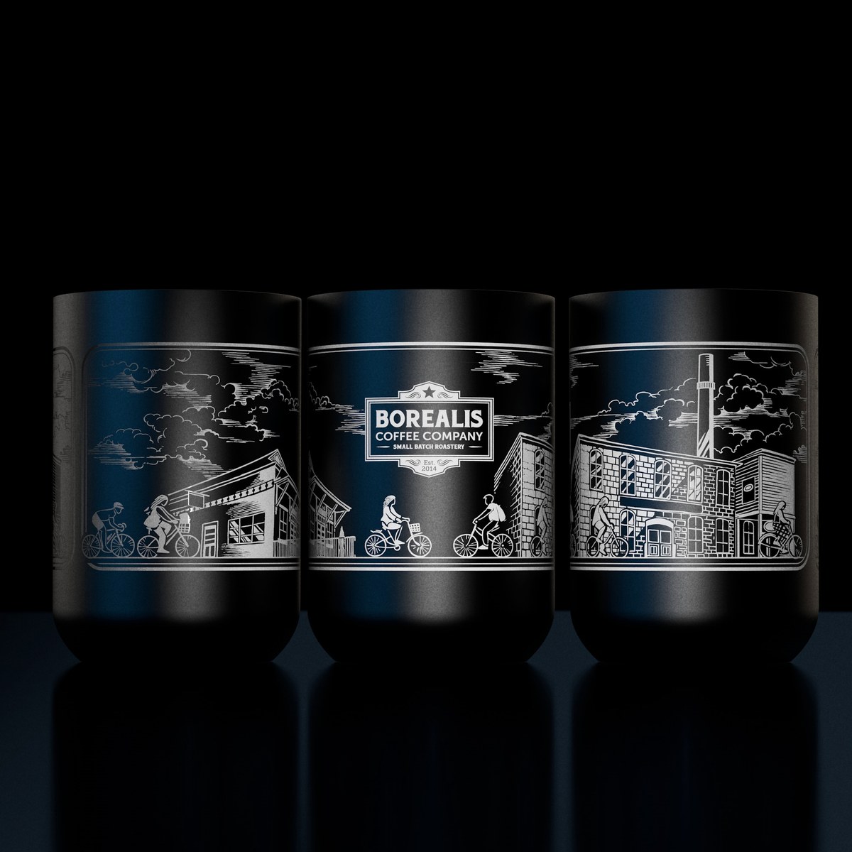 Three engraved mugs with local city illustration