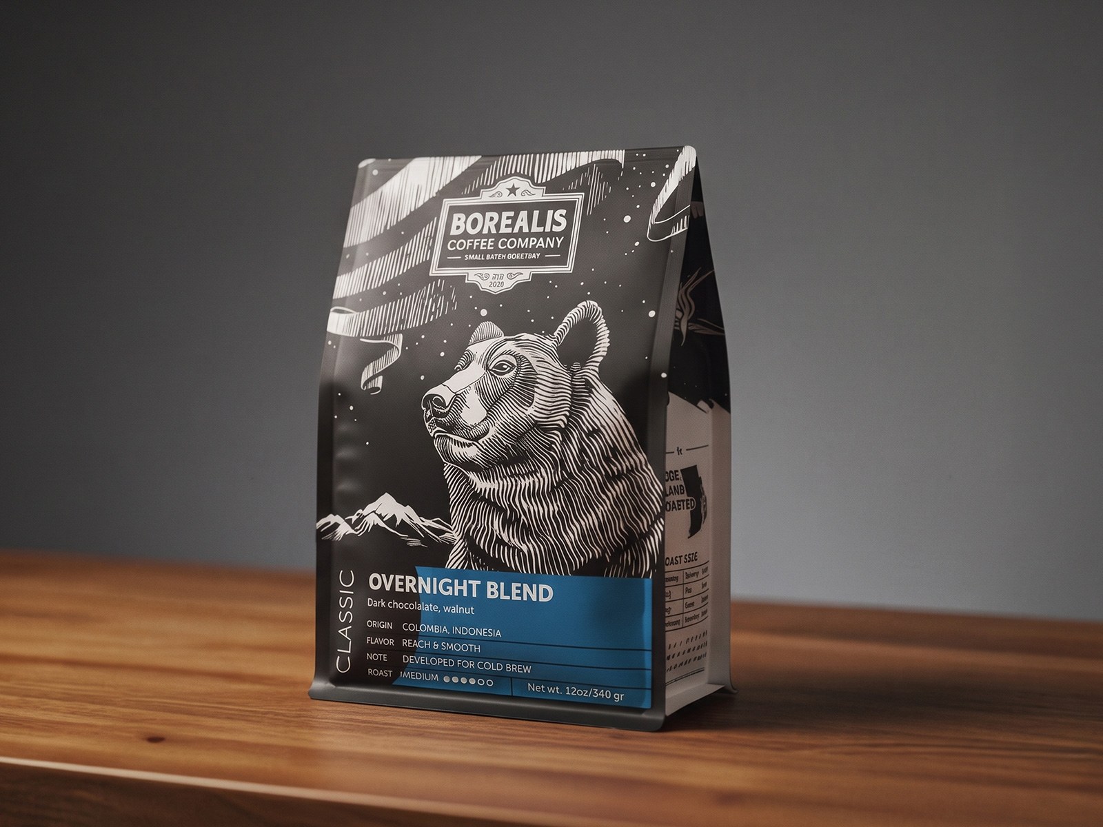 Borealis Overnight Blend bag, engraved bear illustration