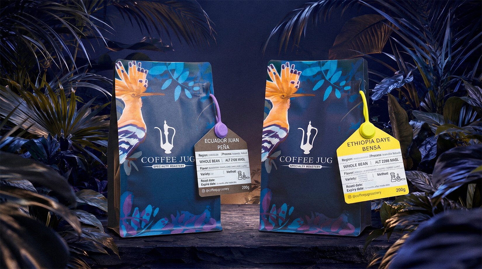 Two Coffee Jug bags side by side in a dark jungle scene — Ecuador Juan Peña and Ethiopia Daye Bensa — each with its own hand-tag and hoopoe illustration