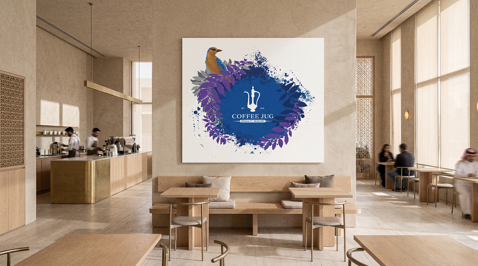 The same artwork imagined blown up on a café wall — a concept, not a built installation