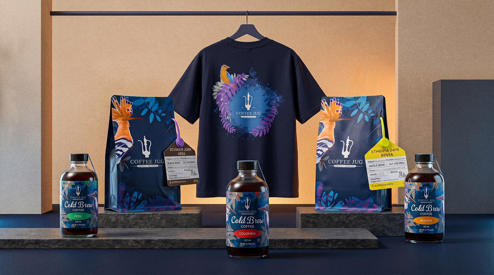 The full range lined up together — bags, bottles and the tee