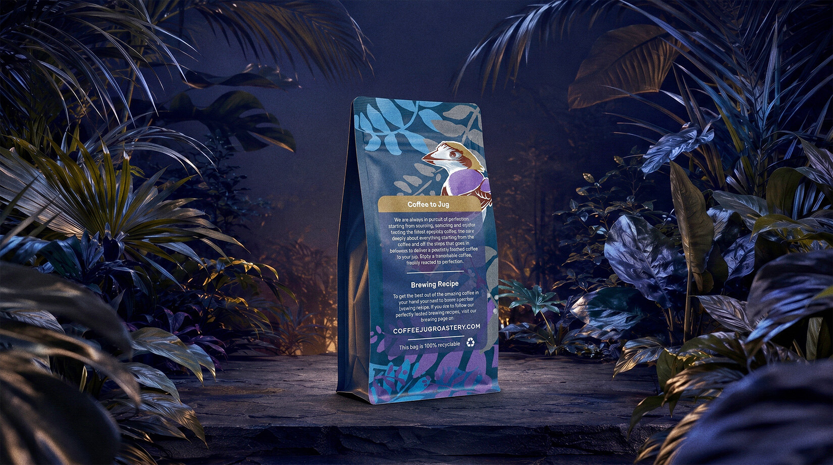 The reverse of a Coffee Jug bag, a bird glancing back above a short Coffee to Jug note, brewing recipe pointer and recyclable mark