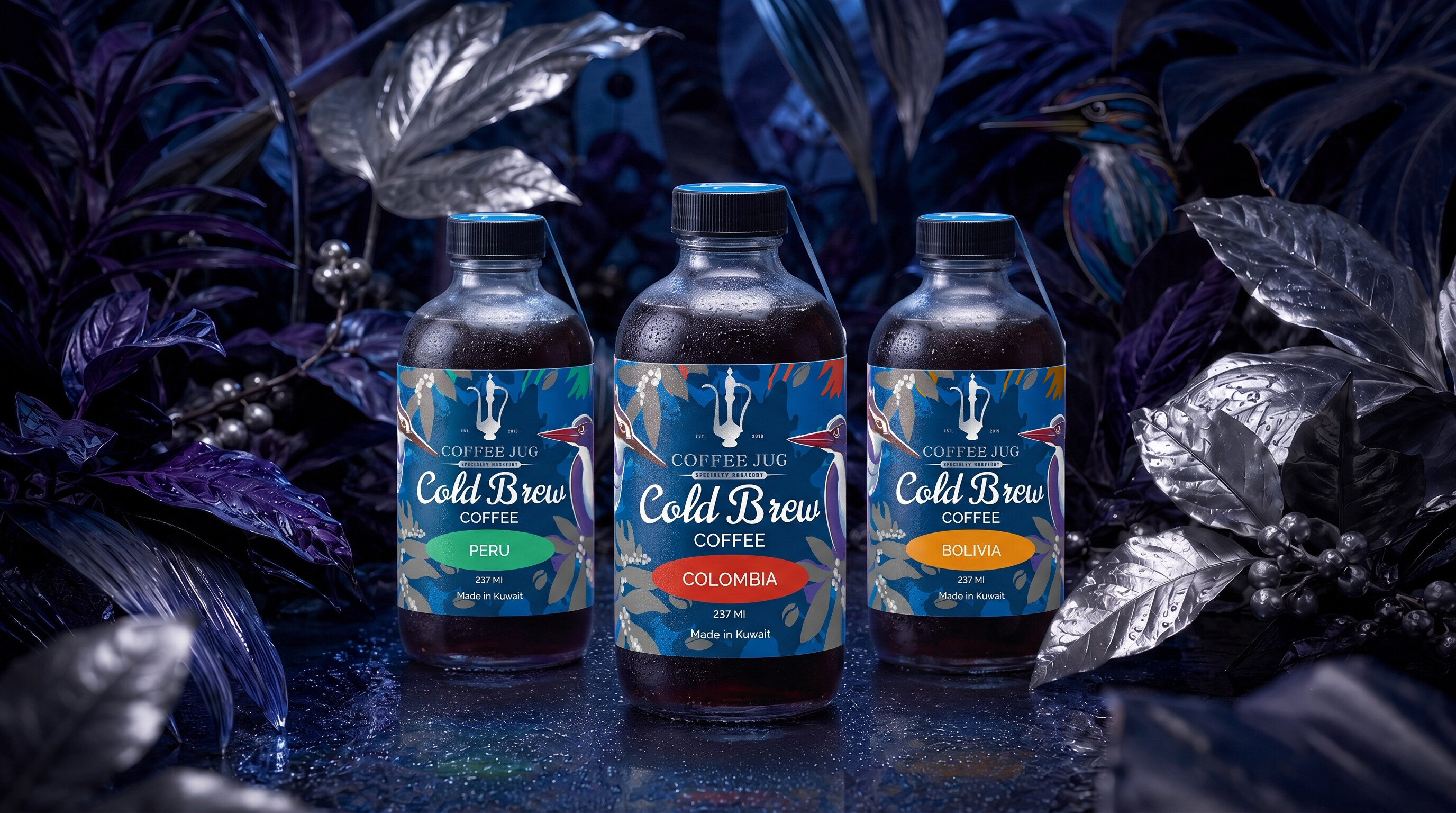 Three Coffee Jug cold brew bottles — Peru, Colombia, Bolivia — staged among dark foliage, the kingfisher perched half-hidden in the leaves