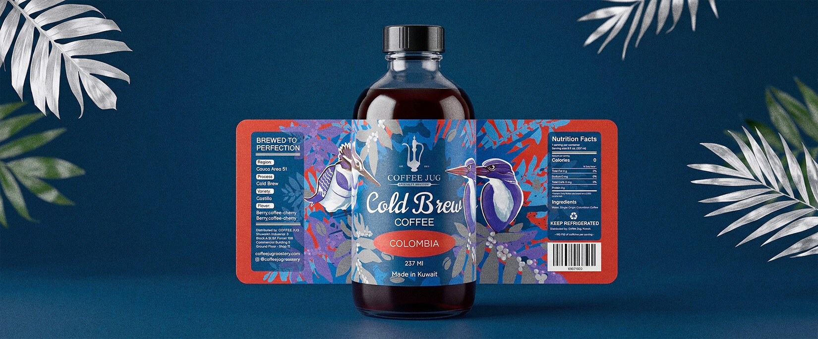 The full cold brew label unwrapped, showing origin details, nutrition facts and the roastery's address