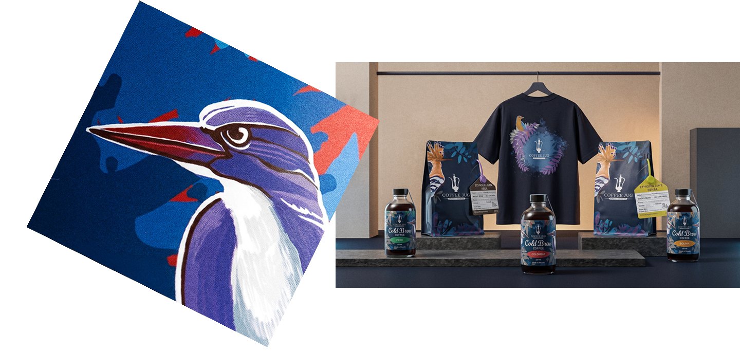 The kingfisher illustration in close-up beside the full Coffee Jug range — bags, cold brew and the tee, staged together