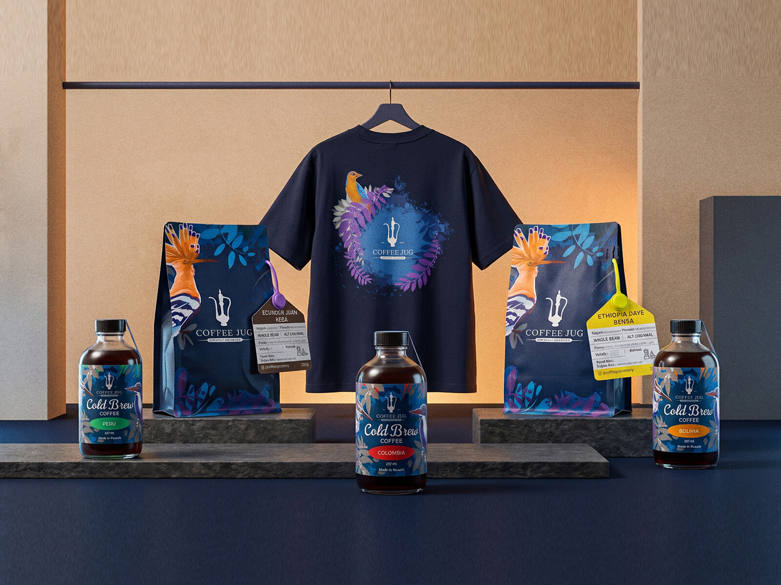 Coffee Jug Roastery — the full range, bags, cold brew and the tee, staged together