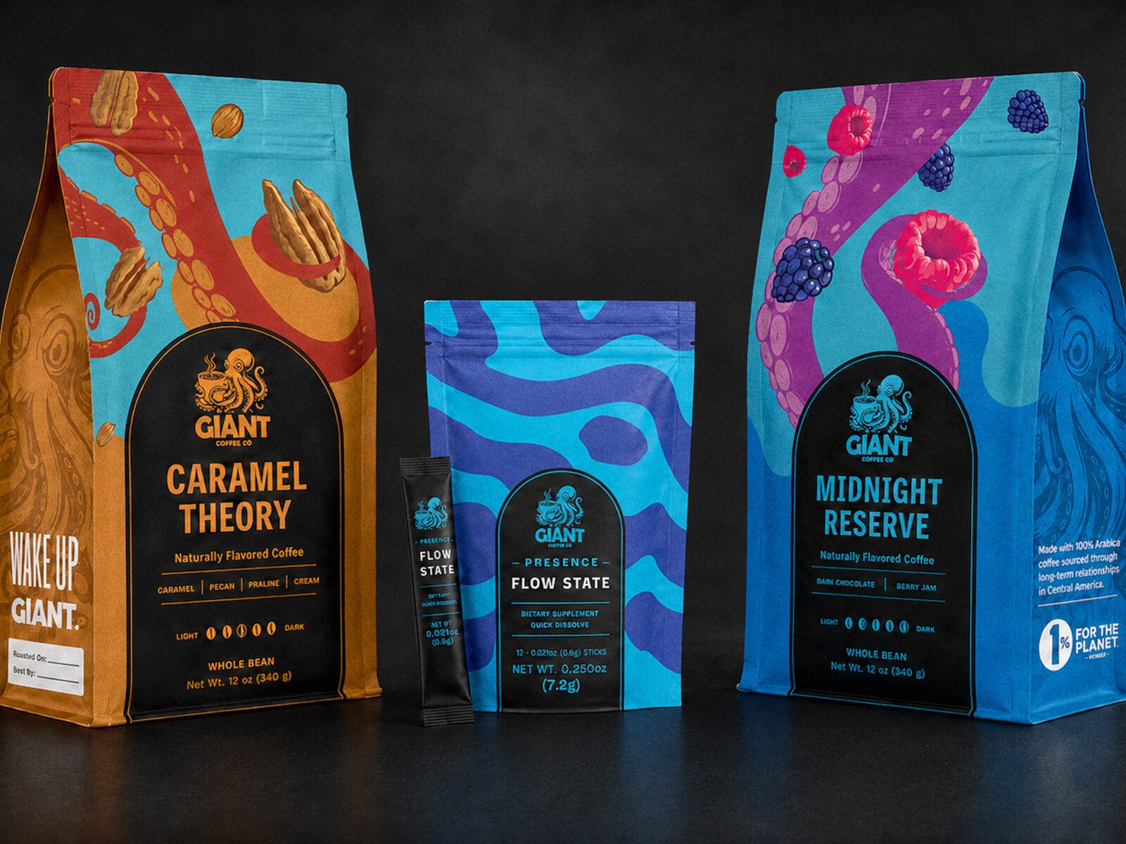 GIANT Coffee Co. — the full range against an octopus in the dark