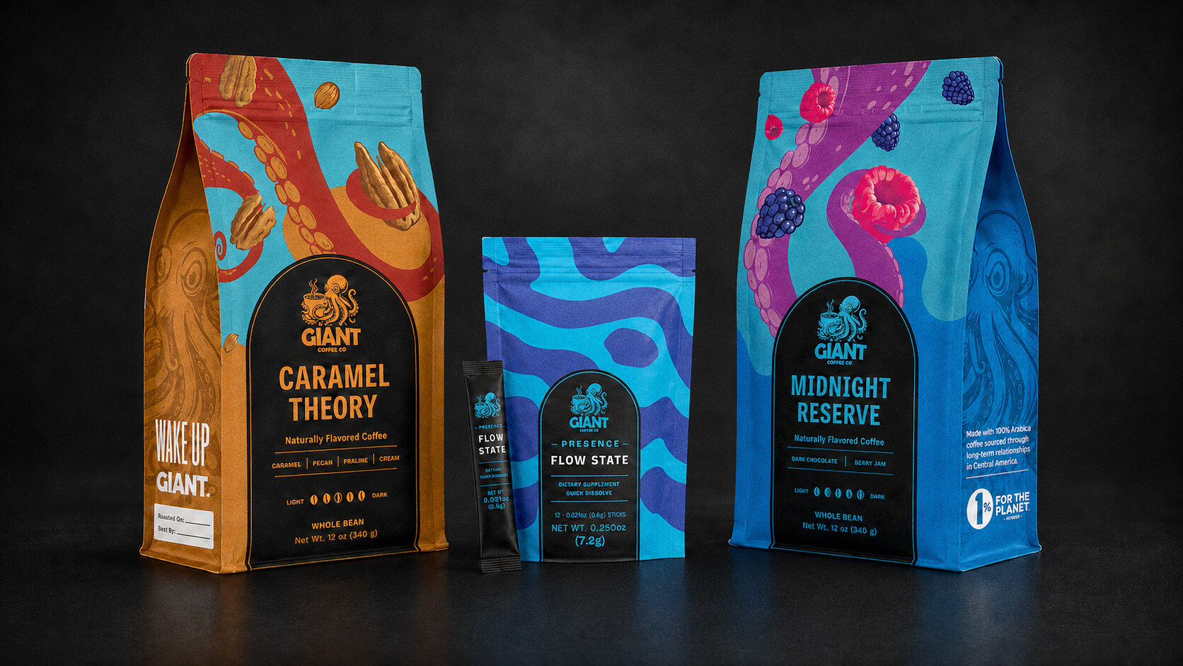 The full GIANT range together on a dark surface — Caramel Theory, Flow State pouch and stick, and Midnight Reserve