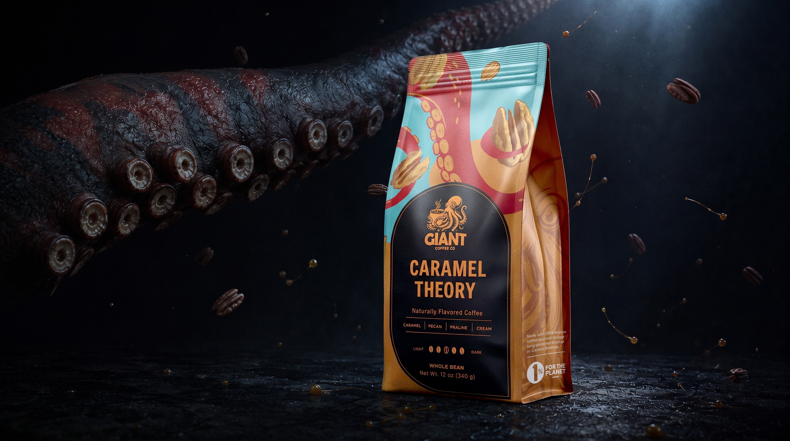 Caramel Theory bag lit against a dark octopus tentacle, pecans and caramel droplets suspended around it