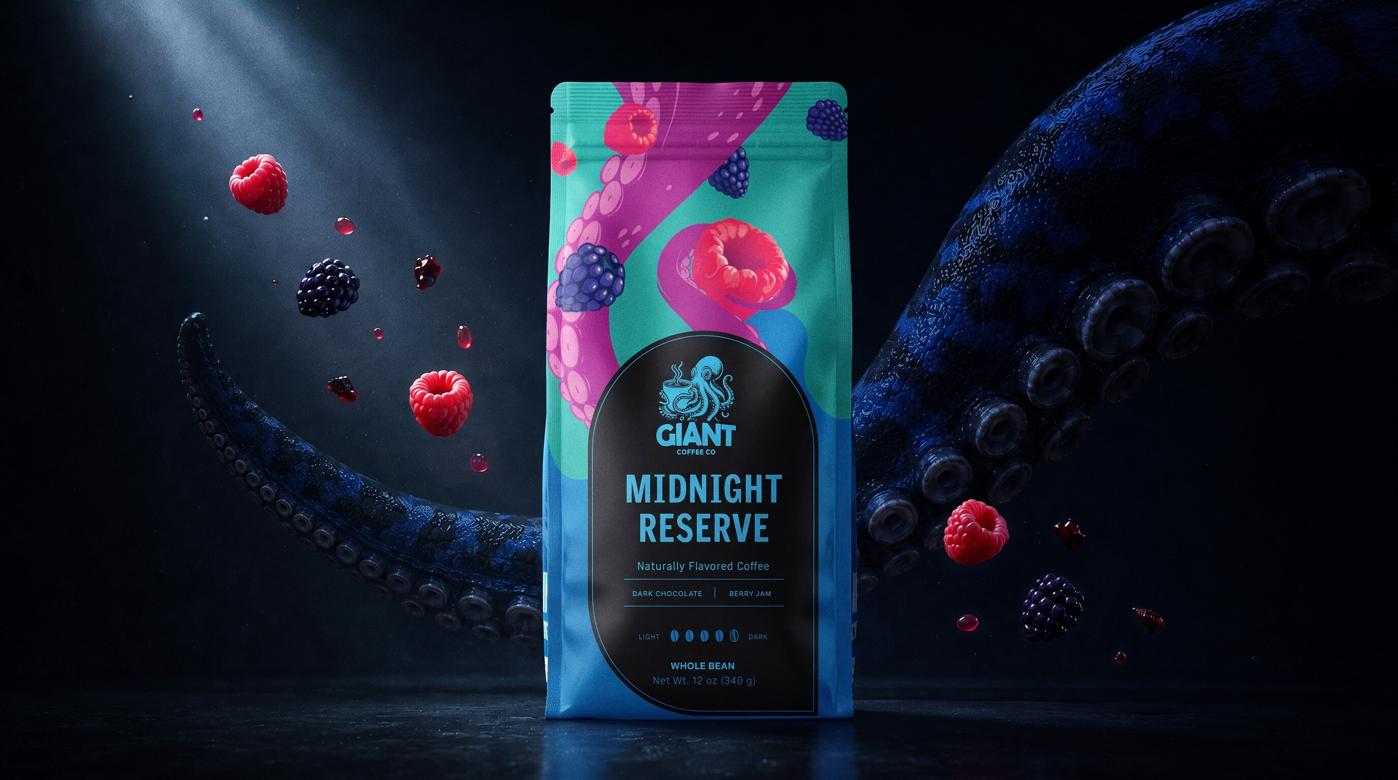 Midnight Reserve bag between two cold-blue tentacles, raspberries and blackberries suspended in the light