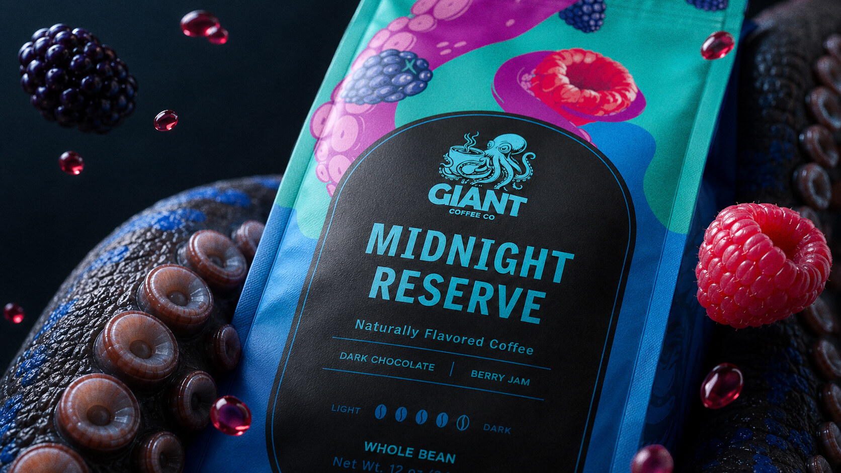 Macro of the Midnight Reserve label — violet tentacle and berries against the creature's skin