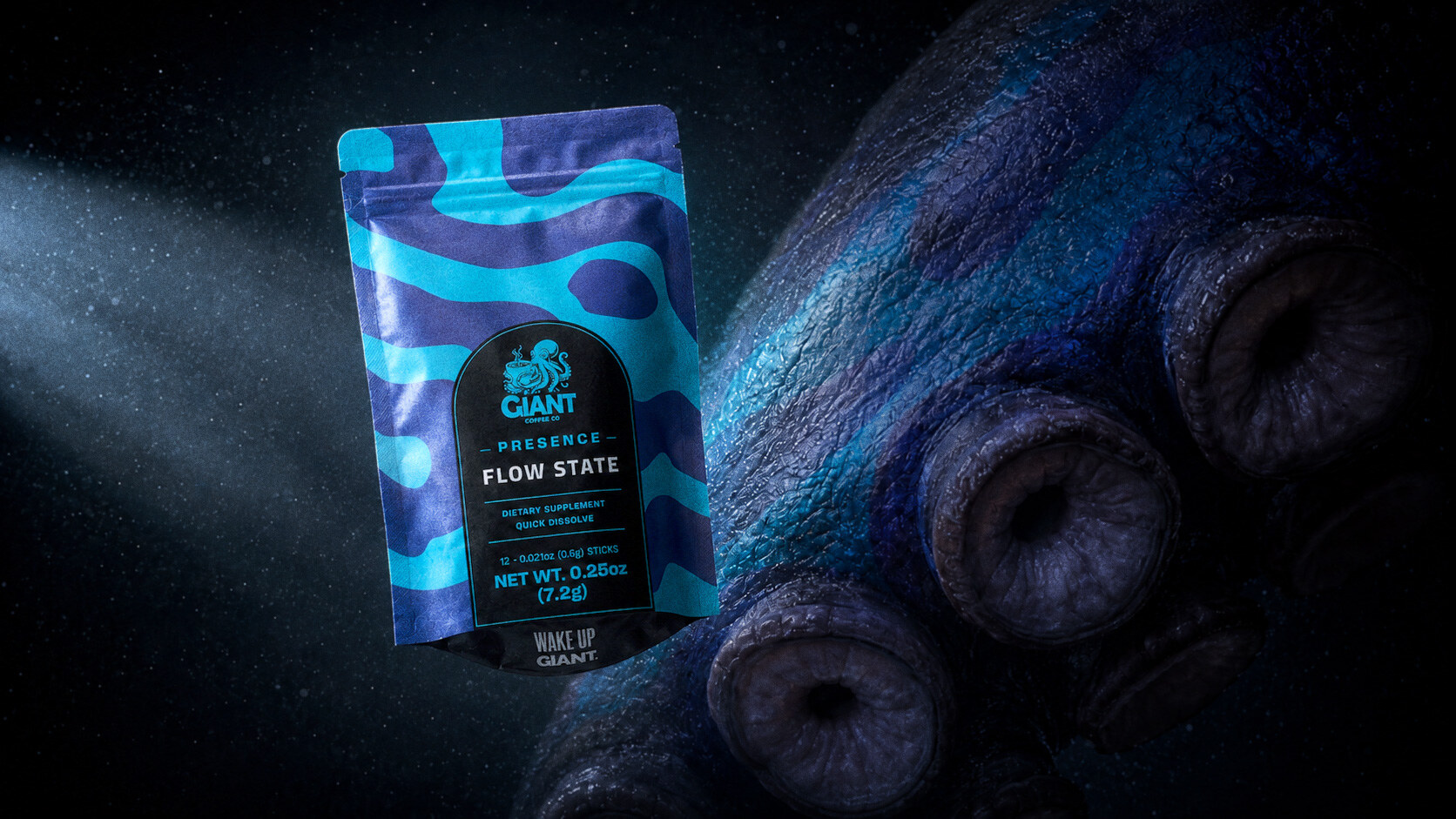 Flow State pouch floating against a close-up of the octopus skin, teal shifting through indigo