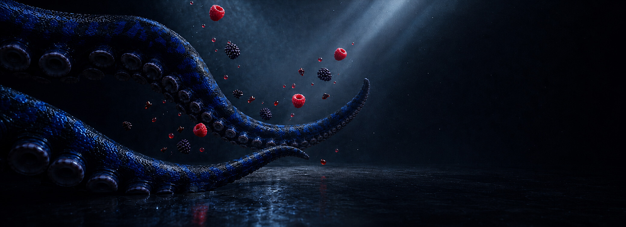 Octopus tentacles in the dark, berries and droplets suspended in a shaft of light