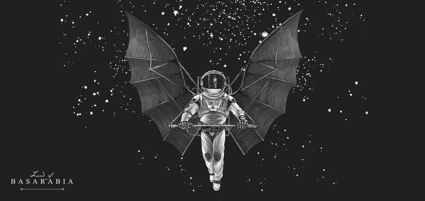 A winged astronaut against a starfield, the Land of Basarabia mark beside him