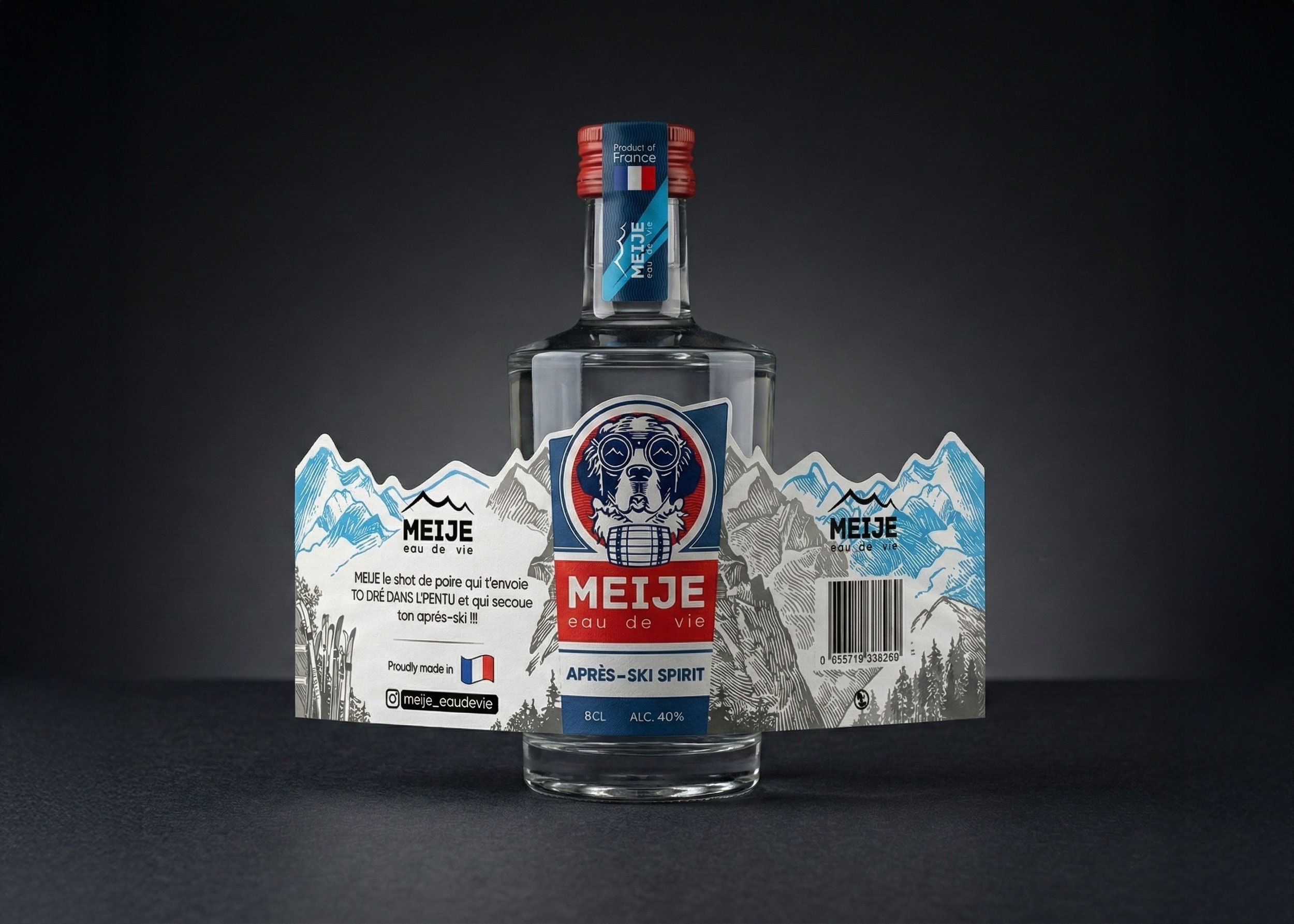 The full Meije wrap laid flat, showing the mountain-ridge label silhouette and the badge