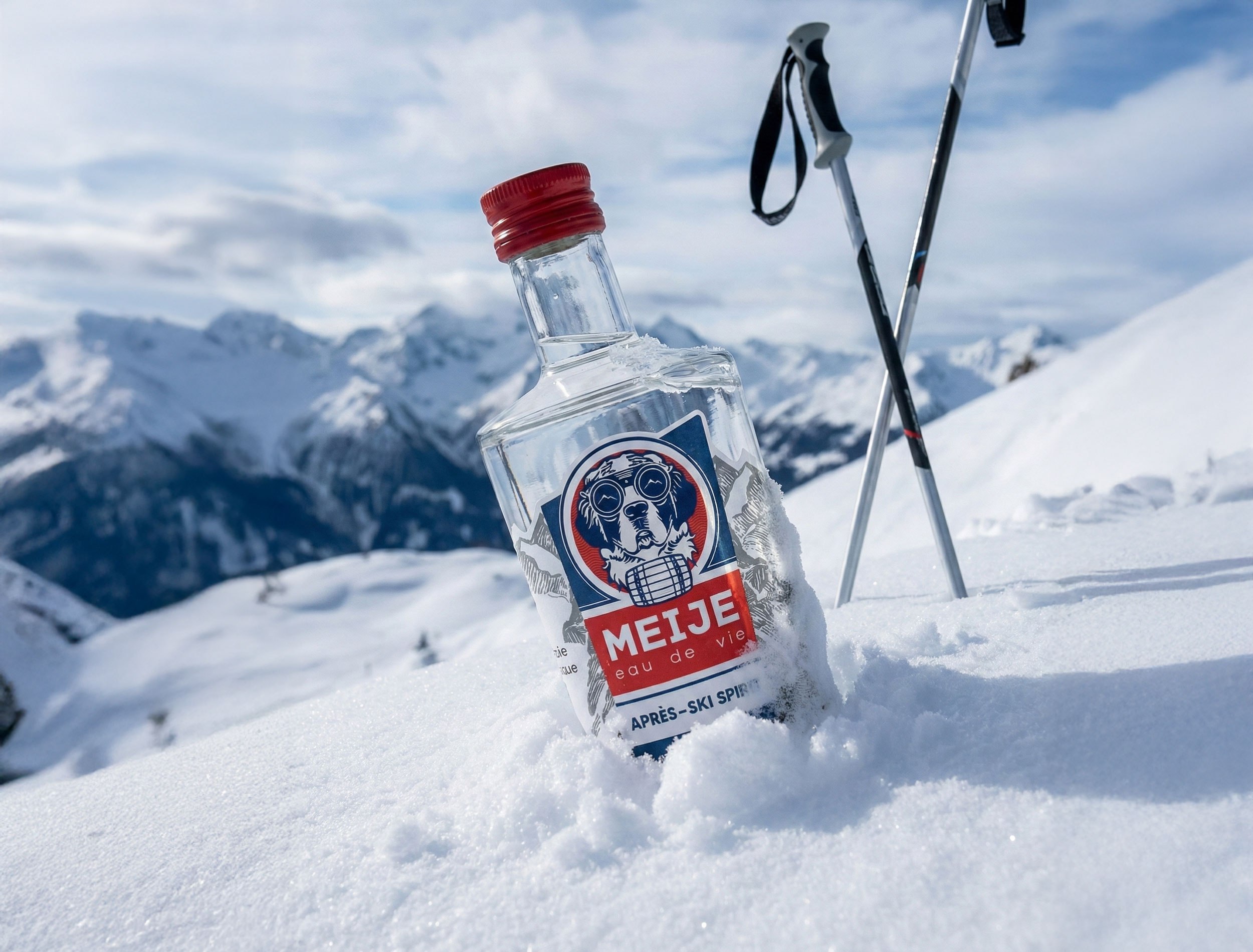 Meije planted in the snow beside a pair of ski poles