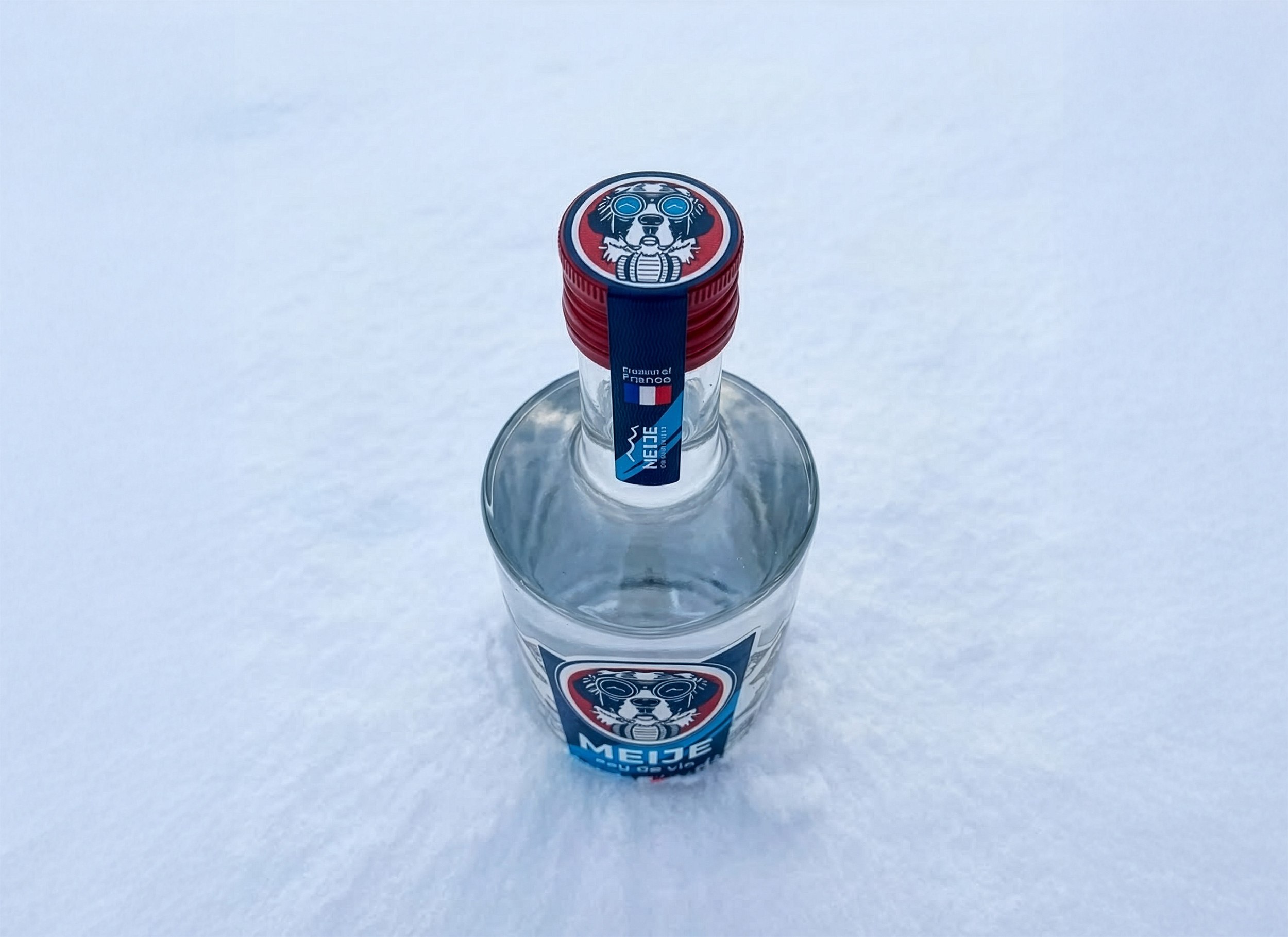 The cap and shoulder of the bottle, shot from above in snow