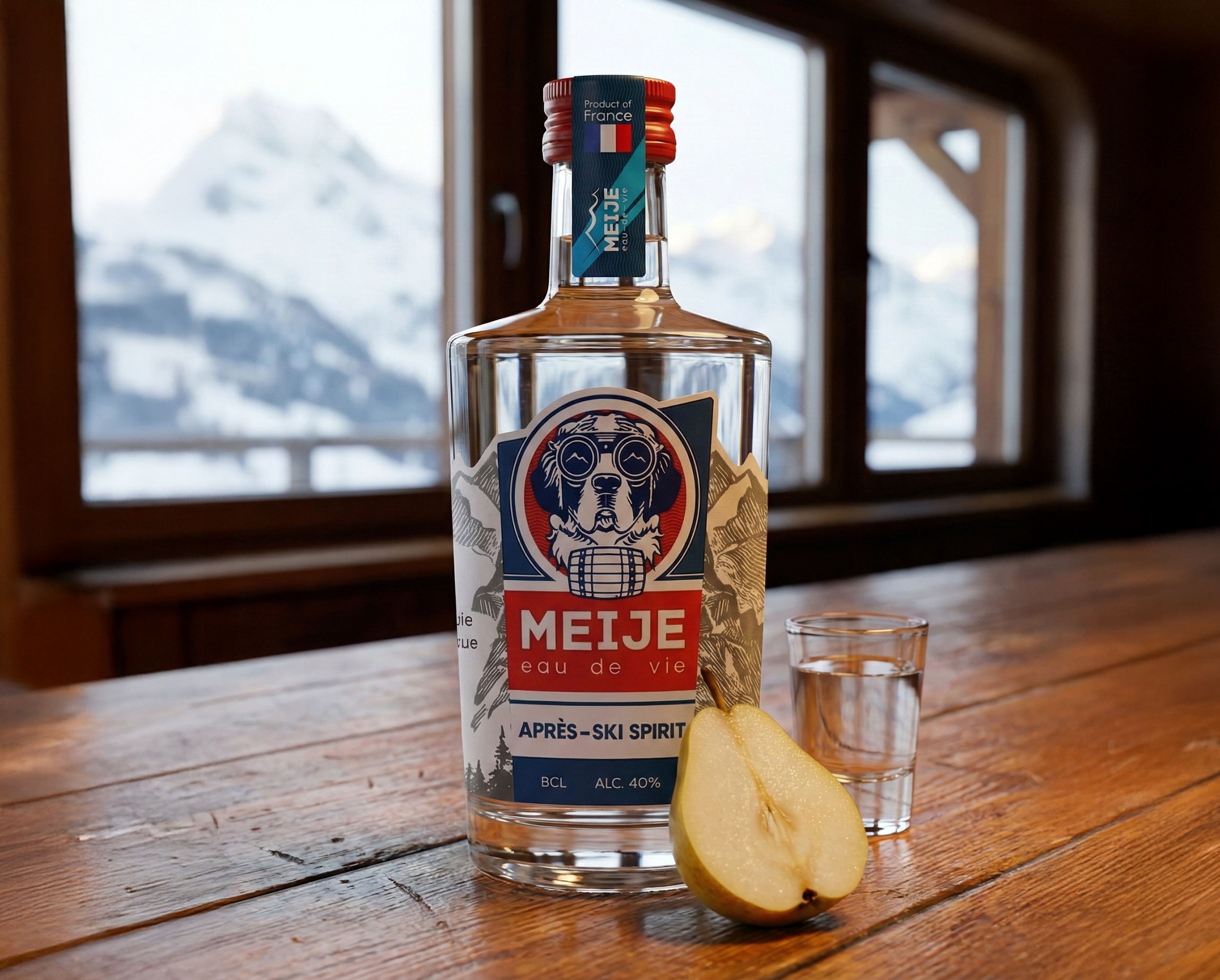 Meije on a wooden table with a shot glass and half a pear