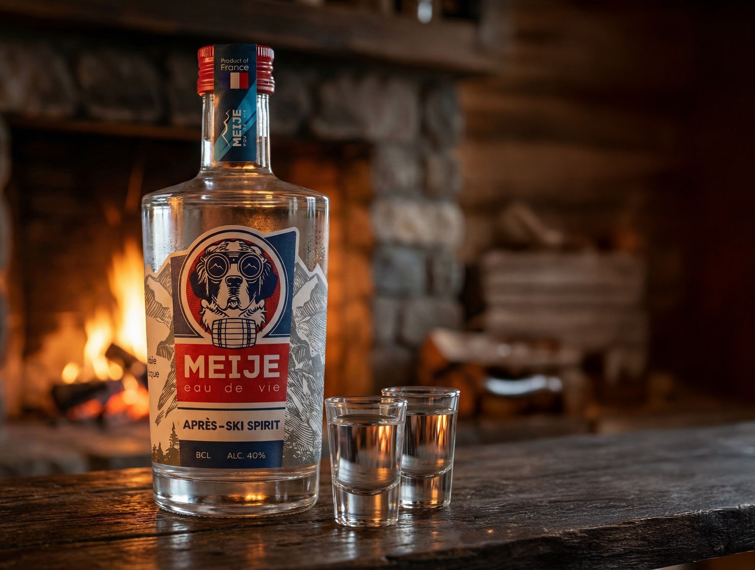 Meije beside two full shot glasses, a fireplace glowing behind it