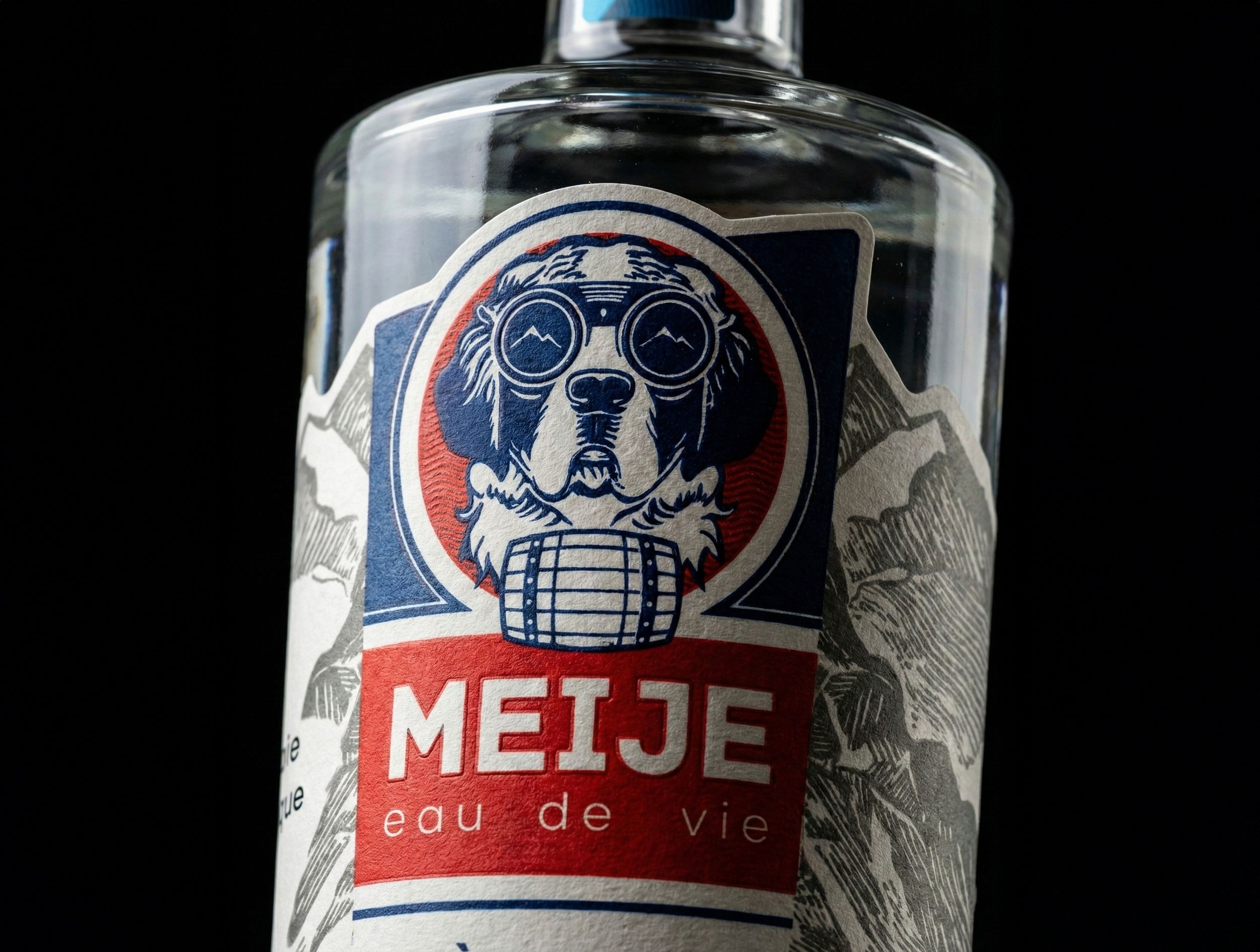 The Saint Bernard badge in close-up, goggles shaped like mountain peaks