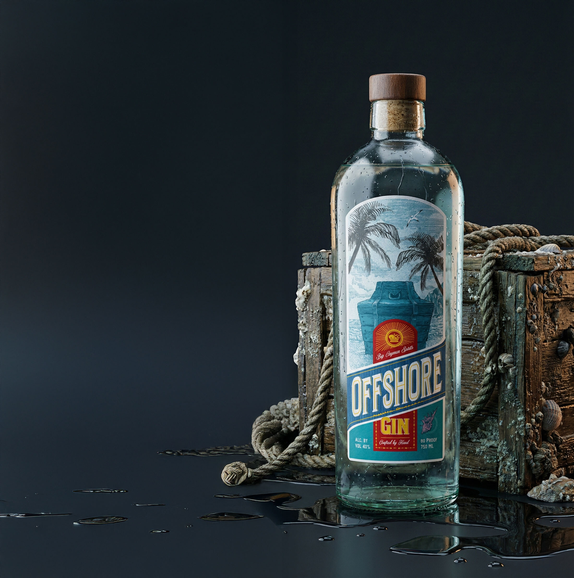 The Offshore Gin bottle standing beside a barnacled wooden chest and coiled rope, water pooled beneath