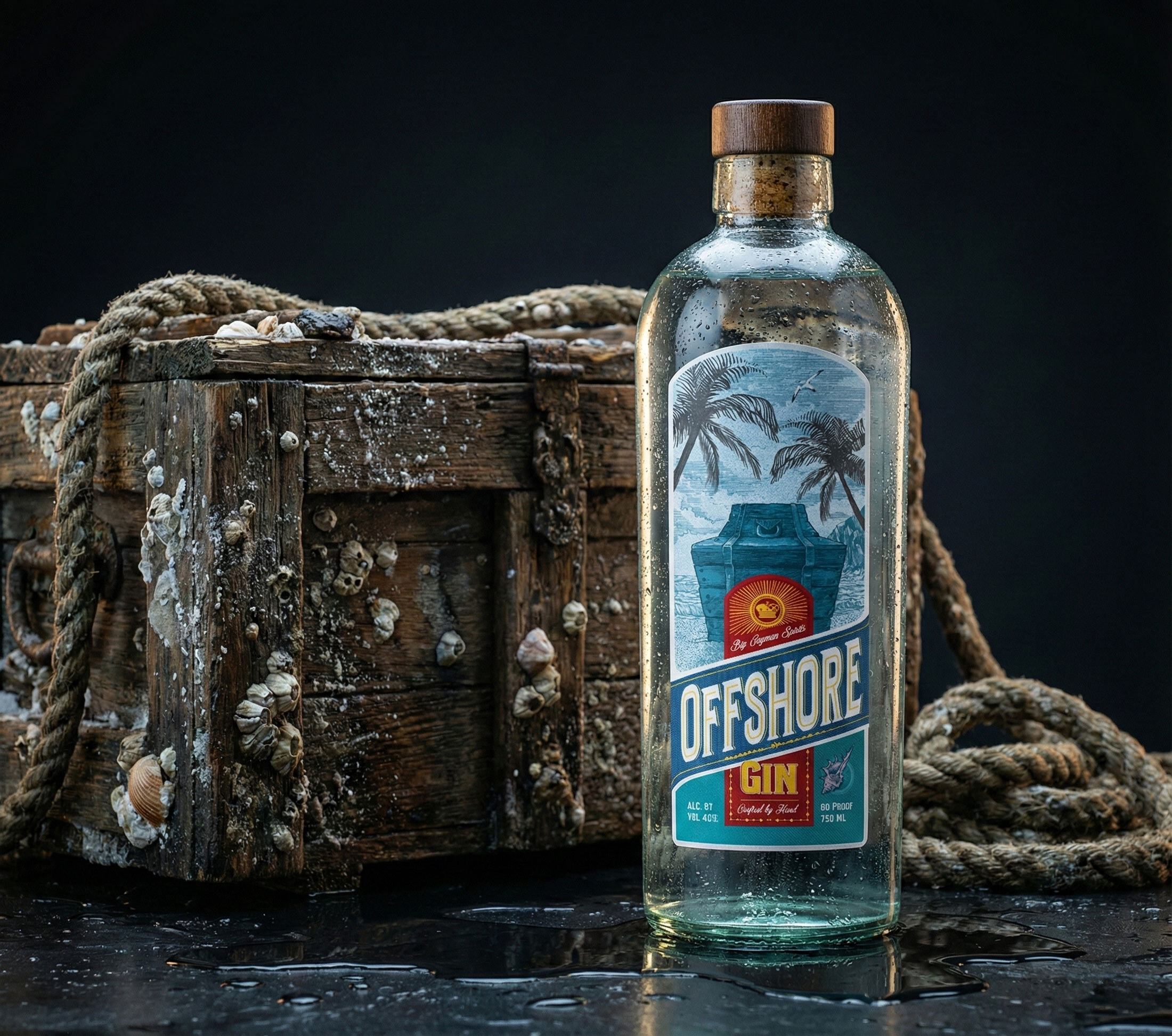 The bottle against a salt-crusted, barnacle-covered chest under low side light