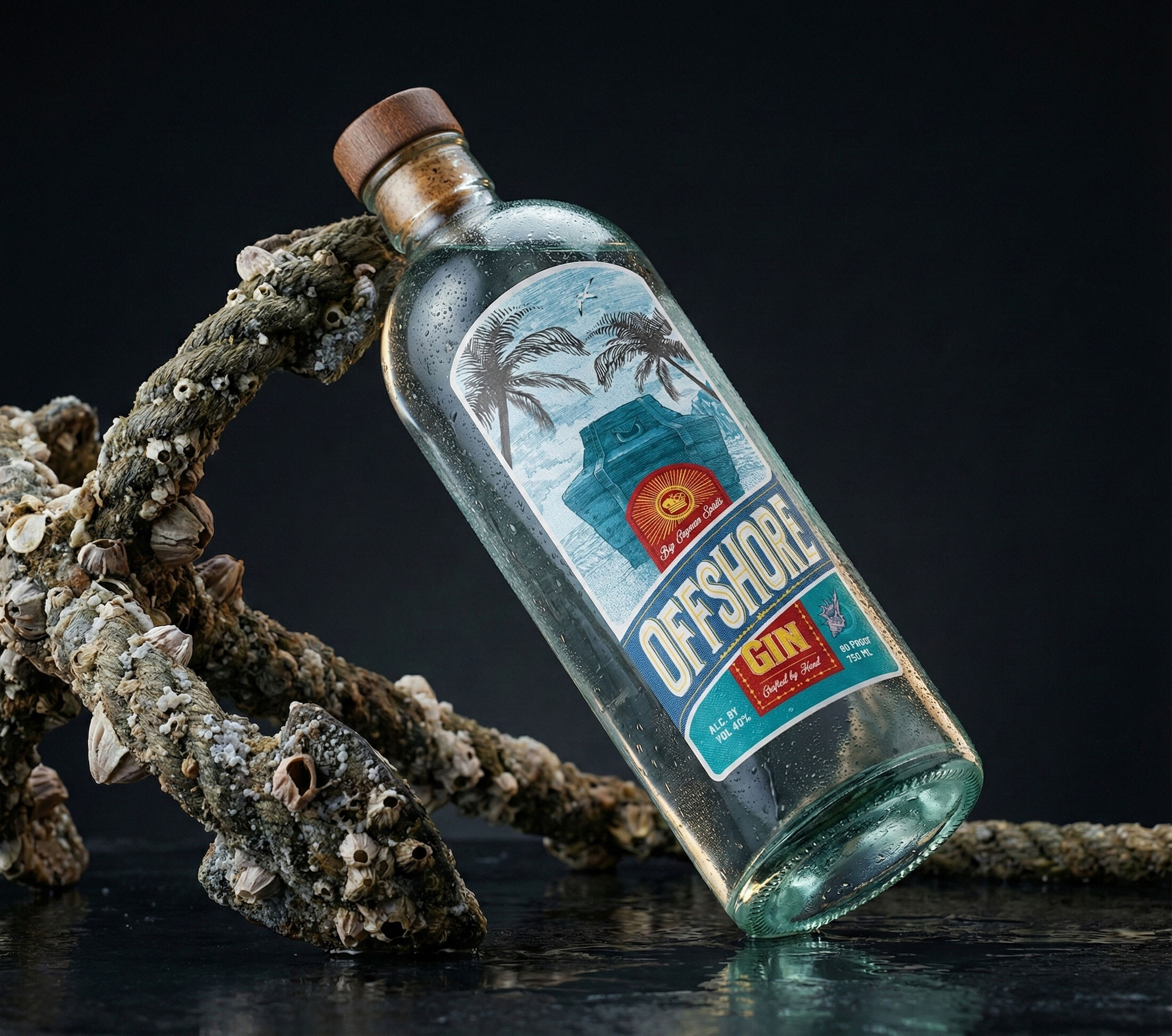 The bottle lying at an angle on a thick barnacle-crusted rope