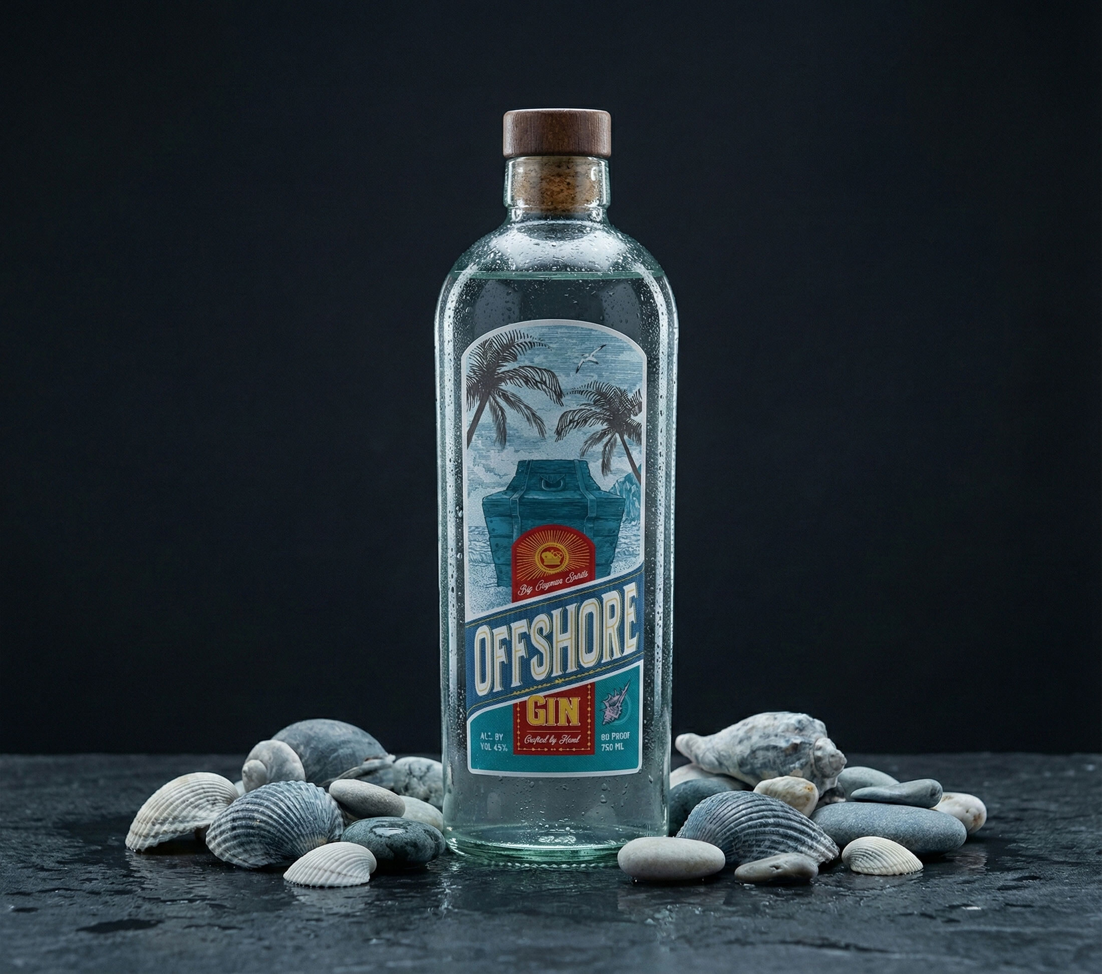 The bottle standing among shells and beach stones, shown front-on