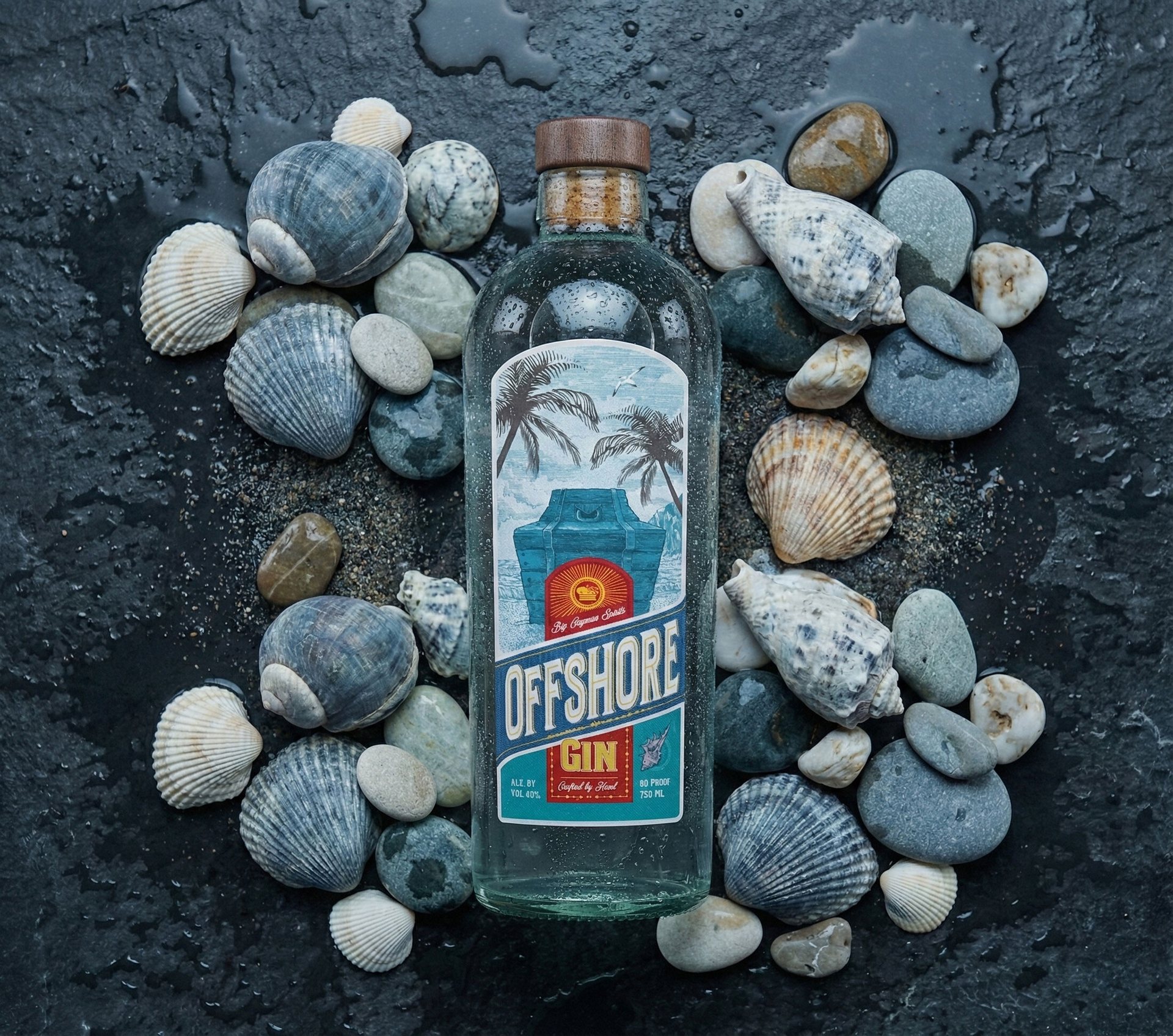 Overhead flat-lay of the bottle ringed by shells and wet beach stones