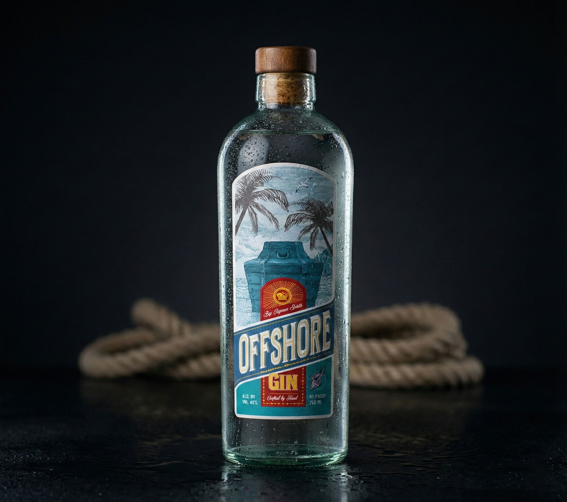 The bottle with a coil of rope softly out of focus behind it